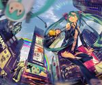  &gt;_&lt; 1boy 2girls america american_flag aqua_hair bag black_skirt blonde_hair bow budweiser building chevrolet city cityscape closed_eyes cloud day el-zheng handbag hatsune_miku kagamine_len kagamine_rin landmark long_hair megurine_luka miniskirt multiple_girls new_york pleated_skirt rainbow real_world_location shirtless shorts skirt skyscraper takoluka thighhighs times_square twintails vest vocaloid 