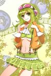  bad_id bad_pixiv_id breasts goggles goggles_on_head green_eyes green_hair green_skirt gumi jacket medium_breasts megpoid_(vocaloid3) microskirt midriff musical_note navel pleated_skirt short_hair skirt smile solo suspender_skirt suspenders underboob velia vocaloid 