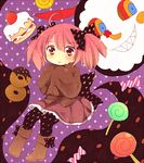  bad_id bad_pixiv_id blush boots bow candy charlotte_(madoka_magica) dessert doughnut food hair_bow lollipop mahou_shoujo_madoka_magica matsusaka_gyuu pantyhose personification polka_dot polka_dot_legwear short_twintails sleeves_past_wrists solo twintails 