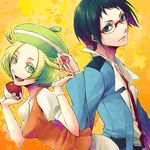  1girl bel_(pokemon) black_eyes black_hair blonde_hair cheren_(pokemon) glasses green_eyes hat holding holding_poke_ball jacket poke_ball poke_ball_(generic) pokemon pokemon_(game) pokemon_bw suzuoka_mizuki 