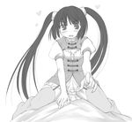  blush breasts cleavage flat_chest garter_straps greyscale heart kasuga_yukihito kooh long_hair monochrome pangya panties pantyshot pointing pov small_breasts solo straddling striped striped_panties thighhighs twintails underwear 