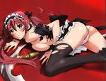  airi_(queen's_blade) ass blush breast_press breasts dress green_eyes highres long_hair lying maid maid_headdress medium_breasts on_stomach panties queen's_blade red_hair ribbon scythe solo takamura_kazuhiro thighhighs torn_clothes twintails underwear weapon wrist_cuffs 