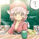  ? animal_ears blush breasts brown_eyes cleavage collarbone counter cup cutting_board downblouse dress ear_piercing earrings eel face forest hat head_scarf japanese_clothes jewelry knife mystia_lorelei nature night no_bra nobamo_pieruda obi okamisty piercing pink_dress pink_hair sash short_hair sky small_breasts solo star_(sky) steam sweat tasuki tea teacup touhou wings 