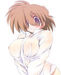  blush breasts brown_eyes brown_hair copyright_request covered_nipples dress_shirt large_breasts nipples no_bra no_pants sakaki_(noi-gren) see-through shirt short_hair solo source_request 