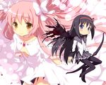  akemi_homura black_hair bow bow_(weapon) chibi dress english gloves hair_bow hair_ribbon kaname_madoka kyubey long_hair magical_girl mahou_shoujo_madoka_magica multiple_girls pantyhose pink_hair ribbon smile spoilers two_side_up ultimate_madoka weapon when_you_see_it wings yamasan yellow_eyes 