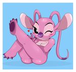  &hearts; &lt;3 624 alien angel_(disney) antennae big_ears black_eyes blush breast_markings breasts butt claws cute disney female fur hindpaw lilo_and_stitch looking_at_viewer markings one_eye_closed paws pink pink_fur pose purple purple_nose sitting smile solo sssonic2 thighs wink 