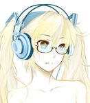  akg alternate_hair_color bespectacled blonde_hair brown_eyes commentary face glasses hair_ornament hatsune_miku headphones highres k701 long_hair pas_(paxiti) solo twintails upper_body vocaloid 