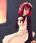  akg apron blue_eyes face headphones highres hisui k701 maid maid_headdress pas_(paxiti) red_hair short_hair sitting sketch solo tsukihime 