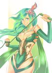  arcbuncle arms_up blue_eyes breasts cleavage detached_sleeves earrings final_fantasy final_fantasy_iv final_fantasy_iv_the_after green_hair green_leotard hair_ornament hips jewelry large_breasts leotard long_hair no_lineart rydia simple_background smile solo thighs weapon whip wide_hips 