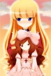  artist_request blonde_hair blue_eyes blush bow brown_hair doll dress hair_bow kami_nomi_zo_shiru_sekai kujou_tsukiyo luna_(kaminomi) multiple_girls red_eyes ringlets school_uniform 