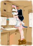  animal_ears apron ass barefoot cat_ears copyright_request highres long_hair morino_usagi naked_apron soles solo stool tail tiptoes 
