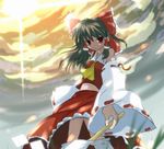  ascot black_hair bow detached_sleeves hair_bow hair_ribbon hair_tubes hakurei_reimu medium_skirt midriff navel print_skirt red_eyes red_skirt ribbon shize_(coletti) skirt skirt_set solo touhou 