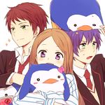  2boys bird blue_hair book brown_hair fuchi_(rakugaki-chou) green_eyes long_hair mawaru_penguindrum multiple_boys necktie penguin penguin_1-gou penguin_2-gou penguin_3-gou purple_eyes red_hair school_uniform siblings takakura_himari takakura_kanba takakura_shouma 