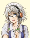  bespectacled blue_eyes braid breasts cleavage commentary english_commentary face glasses grado_labs hair_ribbon headphones izayoi_sakuya maid maid_headdress medium_breasts open_clothes open_shirt pas_(paxiti) ribbon semi-rimless_eyewear shirt short_hair silver_hair sleeves_rolled_up smile solo touhou twin_braids unbuttoned under-rim_eyewear upper_body 