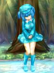  aqua_skirt blue_eyes blue_hair blush boots breasts closed_mouth forest hair_bobbles hair_ornament hat kawashiro_nitori key medium_breasts miniskirt nature rubber_boots short_hair skirt skirt_set smile solo touhou two_side_up water yumeneko_(likequana) 