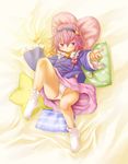  bare_legs bed bed_sheet blush cushion eyeball hairband heart heart_pillow highres kasuga_yukihito komeiji_satori lying miniskirt on_back panties pillow pink_eyes pink_hair pink_skirt reaching short_hair skirt socks solo third_eye touhou underwear white_panties 