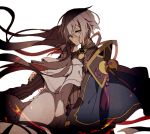  1boy 1girl akuta_hinako black_sweater blood blood_on_face blue_eyes brown_hair capelet chinese_clothes commentary_request eyebrows_visible_through_hair fate/grand_order fate_(series) gao_changgong_(fate) hair_between_eyes hair_over_one_eye hand_on_another&#039;s_arm hand_on_another's_arm hiiragi_fuyuki hug imminent_bite light_smile long_hair ribbed_sweater short_hair simple_background sweater turtleneck turtleneck_sweater vampire very_long_hair white_background white_capelet white_hair 