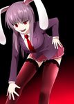  animal_ears bad_id bad_pixiv_id breasts bunny_ears hand_on_hip lace lace-trimmed_thighhighs large_breasts leaning_forward legs mattari_yufi miniskirt naughty_face necktie pink_skirt pleated_skirt purple_hair red_eyes red_neckwear reisen_udongein_inaba skirt striped striped_skirt thighhighs touhou 