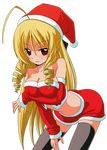  ahoge bare_shoulders black_legwear blonde_hair breast_hold breasts christmas cleavage drill_hair hayate_no_gotoku! highres long_hair medium_breasts red_eyes santa_costume smile tennousu_athena thighhighs transparent_background twin_drills twintails vector_trace zettai_ryouiki 