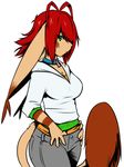  breasts clothed clothing collar feline female green green_eyes hair hourglass koneko long_ears looking_at_viewer mammal necklace plain_background red_hair solo spazzykoneko white_background 