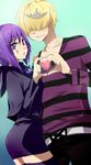  1girl bad_id bad_pixiv_id bangs belphegor_(reborn) crown genderswap genderswap_(mtf) heart katekyo_hitman_reborn! mammon_(reborn) miao purple_eyes purple_hair shirt striped striped_shirt 