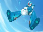  android arm_cannon armor blue_footwear boots cloud forehead_jewel gloves green_eyes helmet jumping male_focus mark_henry_bustamante open_mouth rockman rockman_x sky solo weapon x_(rockman) 