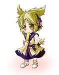  belt blonde_hair blue_skirt blush chibi child earmuffs ichimi medium_skirt ritual_baton shirt skirt smile solo sword touhou toyosatomimi_no_miko weapon yellow_eyes 