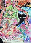  bad_id bad_pixiv_id flower frills front_ponytail green_eyes green_hair hair_ribbon kagiyama_hina long_hair n-mix ribbon solo touhou 