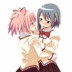  bad_id bad_pixiv_id banned_artist blue_eyes blue_hair blush gonzaburou hair_ornament hair_ribbon hairclip hand_on_another's_head hand_on_shoulder kaname_madoka mahou_shoujo_madoka_magica miki_sayaka multiple_girls pink_eyes ribbon saliva saliva_trail short_hair short_twintails tongue twintails yuri 