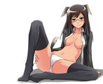  animal_ears bad_id bad_pixiv_id bespectacled black_hair black_legwear federica_n_doglio glasses green_eyes long_hair no_bra open_clothes open_shirt panties shirt sitting smile solo tail thighhighs ulrich_(tagaragakuin) underwear world_witches_series 