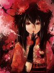  black_gloves black_hair floral_print flower gloves hair_flower hair_ornament hand_to_own_mouth japanese_clothes kanini kimono original red_eyes red_flower red_rose rose sash solo spider_lily 