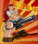  blue_eyes bovine breasts cattle chinese_text clothed clothing cow english_text female gun hair horn mammal minigun nipples ranged_weapon red_hair skimpy skirt solo teats text udders wangkingfun weapon 