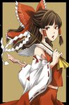  :o border bow brown_hair detached_sleeves gohei hair_bow hair_tubes hakurei_reimu highres meso ofuda solo touhou wide_sleeves 