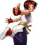  ;q artist_request brown_hair converse dougi fingerless_gloves gloves headband one_eye_closed ryuuko_no_ken shoes short_hair sneakers solo spandex the_king_of_fighters thumbs_up tongue tongue_out yuri_sakazaki 