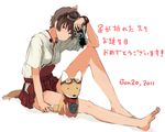  animal_ears barefoot brown_eyes brown_hair camera dated feet fox goggles japanese_clothes katou_keiko shibafu_(glock23) sitting solo tail toes translated world_witches_series 
