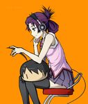  ahoge akg alternate_hairstyle araragi_koyomi bakemonogatari black_skirt blue_eyes chair face food grey_legwear hair_up headphones highres miniskirt monogatari_(series) orange_background pas_(paxiti) pleated_skirt pocky profile purple_hair school_uniform senjougahara_hitagi simple_background sitting skirt sleeveless solo thighhighs |_| 