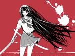  bad_id bad_pixiv_id black_hair blood copyright_request katana long_hair miniskirt monochrome pleated_skirt school_uniform serafuku skirt solo striped striped_skirt sword weapon yui_tooru 