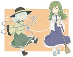  blue_skirt blush broom closed_eyes detached_sleeves eyeball green_eyes green_hair green_skirt hair_ornament hat heart kawashina_(momen_silicon) kochiya_sanae komeiji_koishi long_hair long_skirt multiple_girls open_mouth short_hair silver_hair skirt smile snake striped striped_skirt sun_hat third_eye touhou 