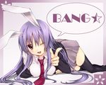  ;d animal_ears bang black_legwear breasts bunny_ears covered_nipples finger_gun grey_skirt large_breasts long_hair lying miniskirt necktie on_stomach one_eye_closed open_mouth pleated_skirt pointing purple_hair red_eyes red_neckwear reisen_udongein_inaba simple_background skirt smile solo suimen thighhighs touhou very_long_hair zettai_ryouiki 
