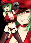  bad_id bad_pixiv_id bat_wings breast_hold breasts choker cleavage cross crossed_arms dominatrix elbow_gloves face fangs fishnet_legwear fishnets garter_straps gloves green_hair hat hat_over_one_eye highres kazami_yuuka lace lace-trimmed_panties lace-trimmed_thighhighs large_breasts legs lips mattari_yufi navel panties peaked_cap red_eyes red_panties short_hair slit_pupils solo thighhighs thighs tongue tongue_out touhou underwear wings zoom_layer 