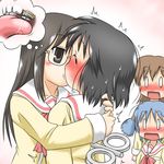  aioi_yuuko black_eyes black_hair blue_eyes blue_hair blush brown_eyes brown_hair french_kiss gaketsu glasses hair_cubes hair_ornament highres kiss long_hair minakami_mai multiple_girls naganohara_mio necktie nichijou open_mouth romaji saliva school_uniform shinonome_nano short_hair teeth tokisadame_school_uniform tongue winding_key yuri 