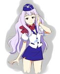  blue_skirt breasts cleavage drawfag hat idolmaster idolmaster_(classic) long_hair medium_breasts miniskirt pencil_skirt purple_eyes purple_hair scarf shijou_takane side_slit skirt stewardess uniform watch wristwatch 