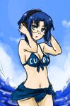  bikini blue_hair blue_sarong breasts ciel cleavage clothes_writing face front-tie_top glasses grado_labs headphones highres medium_breasts navel pas_(paxiti) sarong seaside short_hair solo swimsuit tsukihime 