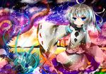  azumamutuki bad_id bad_pixiv_id blue_eyes blue_skirt colorful dragon eastern_dragon hat highres japanese_clothes miniskirt mononobe_no_futo multicolored_hair ponytail short_hair silver_hair skirt smile solo tate_eboshi torii touhou 