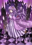  bow capelet checkered checkered_floor cloudy.r crescent hair_bow highres long_hair no_hat no_headwear patchouli_knowledge purple_eyes purple_hair solo striped sword touhou weapon 