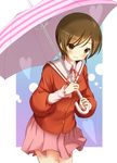  blush_stickers brown_eyes brown_hair heart highres kamekichi_(kamekiti) kami_nomi_zo_shiru_sekai kosaka_chihiro school_uniform short_hair smile solo umbrella 