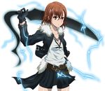  alternate_costume biribiri breasts brown_hair cleavage cosplay eyes final_fantasy final_fantasy_viii hair_ornament hairpin highres lightning misaka_mikoto short_hair small_breasts solo squall_leonhart squall_leonhart_(cosplay) tennen_ahoke to_aru_kagaku_no_railgun to_aru_majutsu_no_index 