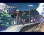  ascot bare_tree black_hair bow cloud contemporary detached_sleeves hair_bow hakurei_reimu horayama letterboxed railroad_tracks short_hair sky solo standing touhou train_station tree 