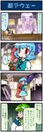  4koma aqua_skirt artist_self-insert blue_eyes blue_hair cellphone comic detached_sleeves fountain frog green_hair hair_ornament hair_tubes heterochromia highres karakasa_obake kochiya_sanae kogasa-san's_mother long_hair long_tongue medium_skirt mizuki_hitoshi multiple_girls open_mouth phone real_life_insert red_eyes shirt short_hair skirt skirt_set snake tatara_kogasa tongue tongue_out touhou translated umbrella 