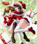  absurdres blue_eyes boots brown_hair christmas ef gift green_eyes hair_ribbon hat hayama_mizuki highres looking_back miyamura_miyako multiple_girls nanao_naru non-web_source open_mouth ribbon santa_costume santa_hat short_hair thighhighs twintails white_legwear 